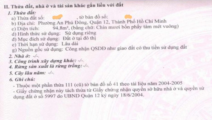 Bán đất Vườn Lài Q12, 94.8m2, Ngang 6m, Đ. 4m giá chỉ 4.x tỷ